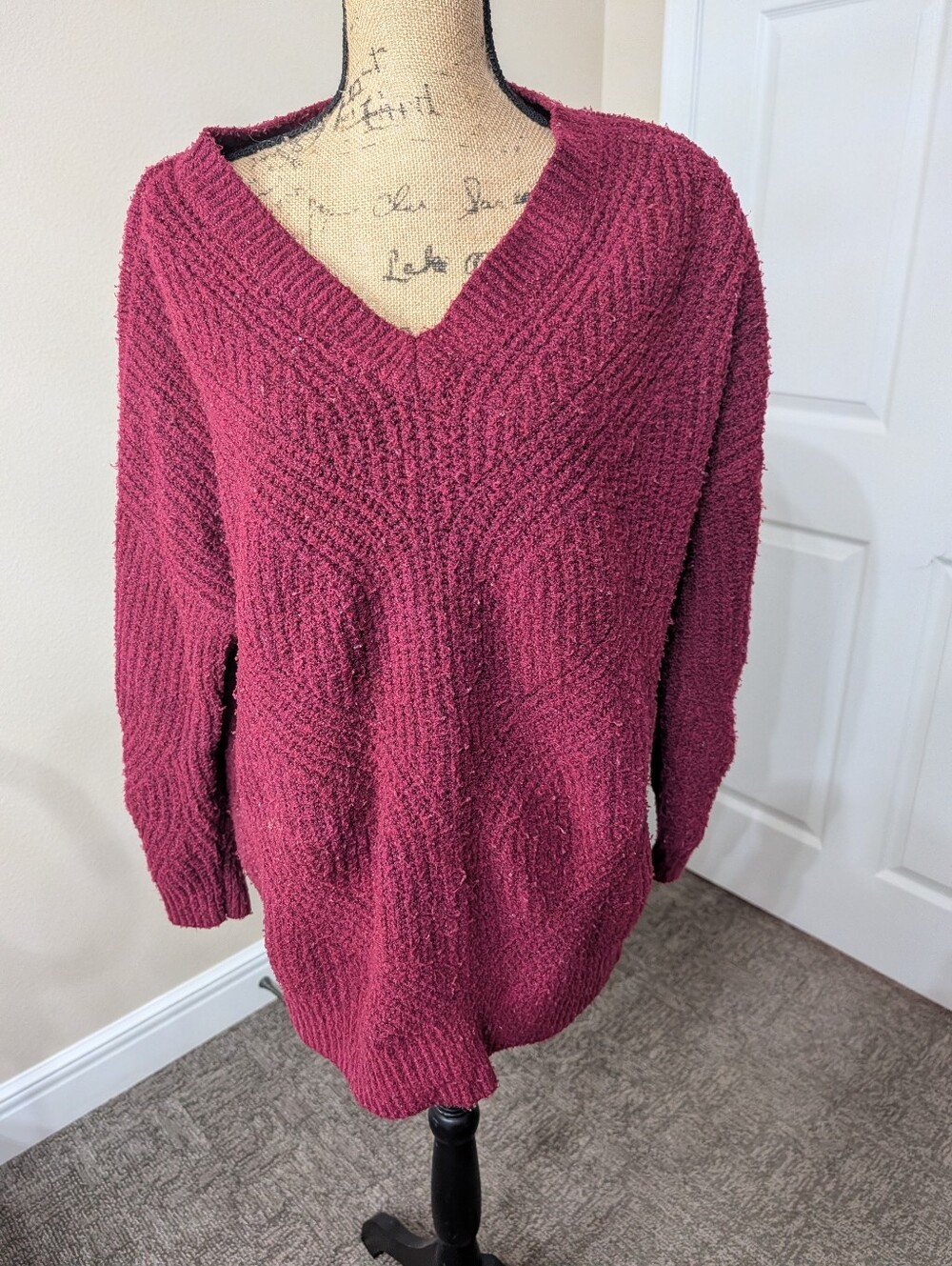 Sonoma Raspberry V-Neck Textured Knit Sweater